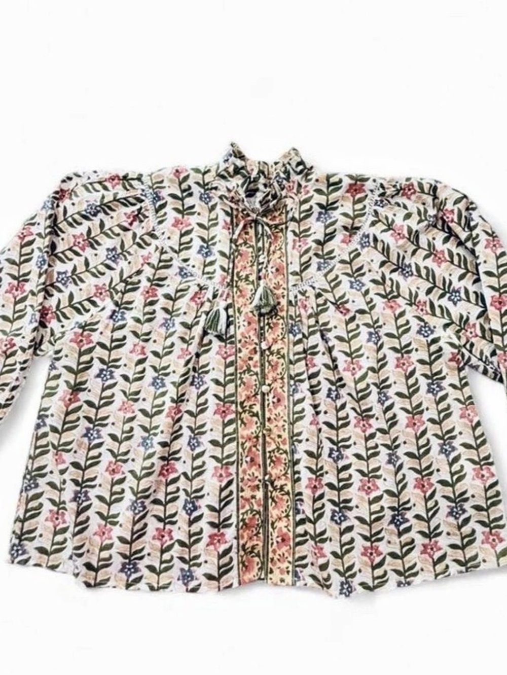 Marea Floral Cotton Blouse in Cream & Green Size Small Like New